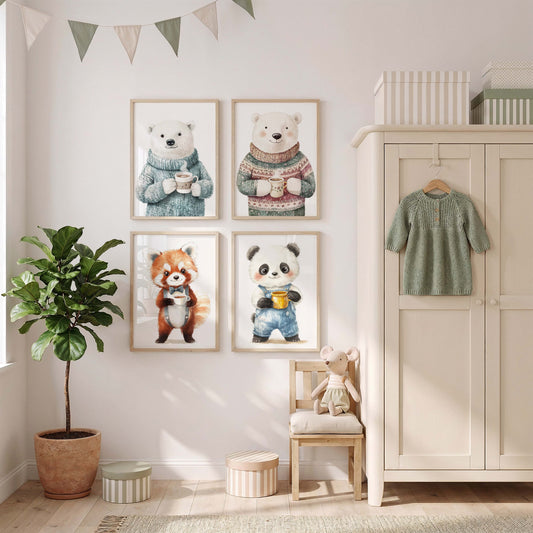 Niedliches Tier Kinderzimmer poster · Geschenkidee · Aquarell Bär Panda und Roter Panda Illustration · Wanddeko · Print ohne Rahmen