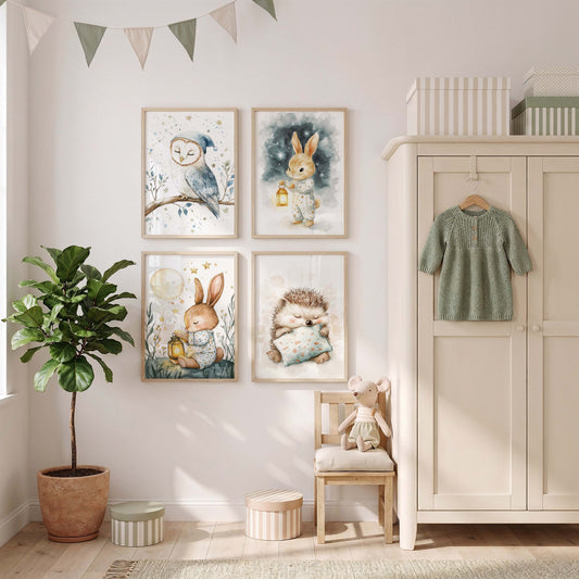 Süßes Waldtiere Poster · Geschenkidee · Schlafende Waldtier Aquarell Illustration · Kinderzimmer Wanddeko · Print ohne Rahmen