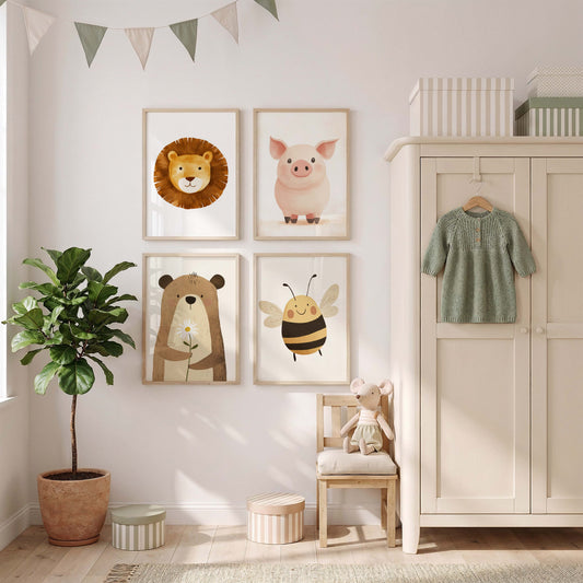 Süße Tiere Poster · Geschenkidee · Illustration Bär Löwe Giraffe · Kinderzimmer Deko · Dekoprint ohne Rahmen