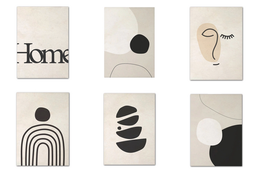 Sechs minimalistische Boho-Kunstwerke mit abstrakten Formen und sanften Erdtönen auf hochwertigem Baumwollposter, perfekt für modernes Wohndesign.