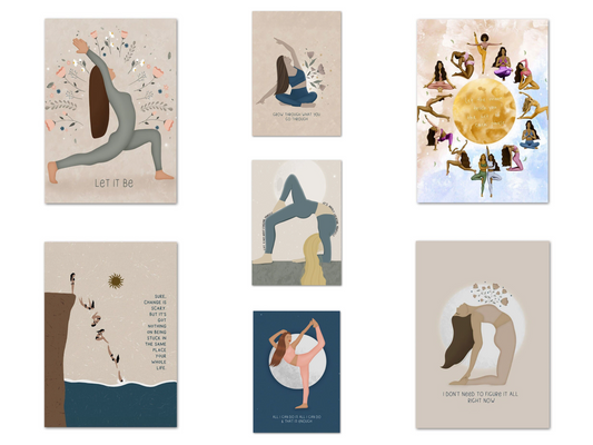 Sieben künstlerische Poster mit abstrahierten Yoga-Posen und positiven Sprüchen in sanften Naturtönen, moderne Wanddekoration auf Baumwollstoff.