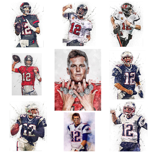 Collage aus hochwertigen Kunst-Drucken von Football-Spieler in verschiedenen dynamischen Posen, gedruckt auf Premium-Baumwollleinwand für stilvolle Wanddekoration im Wohnbereich.