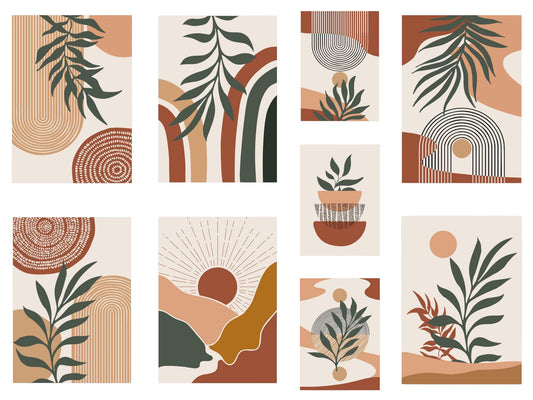 Achtteiliges Set mit abstrakten Formen und botanischen Motiven in warmen Erdtönen auf hochwertigem Baumwollposter, modern und minimalistisch gestaltet.
