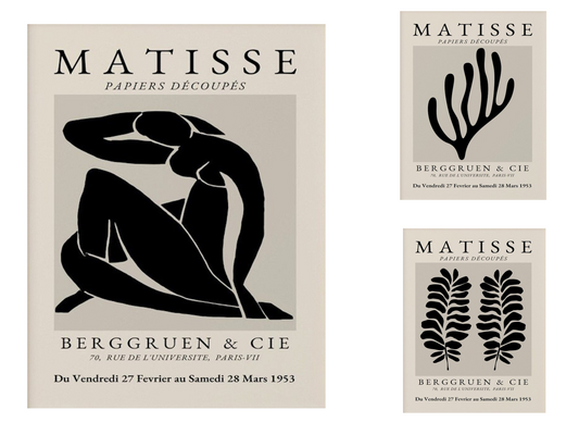 Triptychon mit abstrakten, schwarzen Formen auf beigem Hintergrund, inspiriert von Matisse, moderner Kunstdruck auf Baumwolle für stilvolle Wandgestaltung.