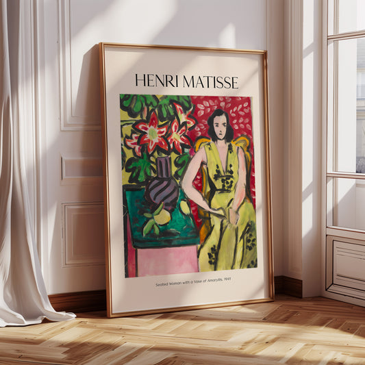 Henri Matisse Poster · Geschenkidee · Sitzende Frau mit Amaryllis-Vase Bunte Blumen · Dekoprint ohne Rahmen