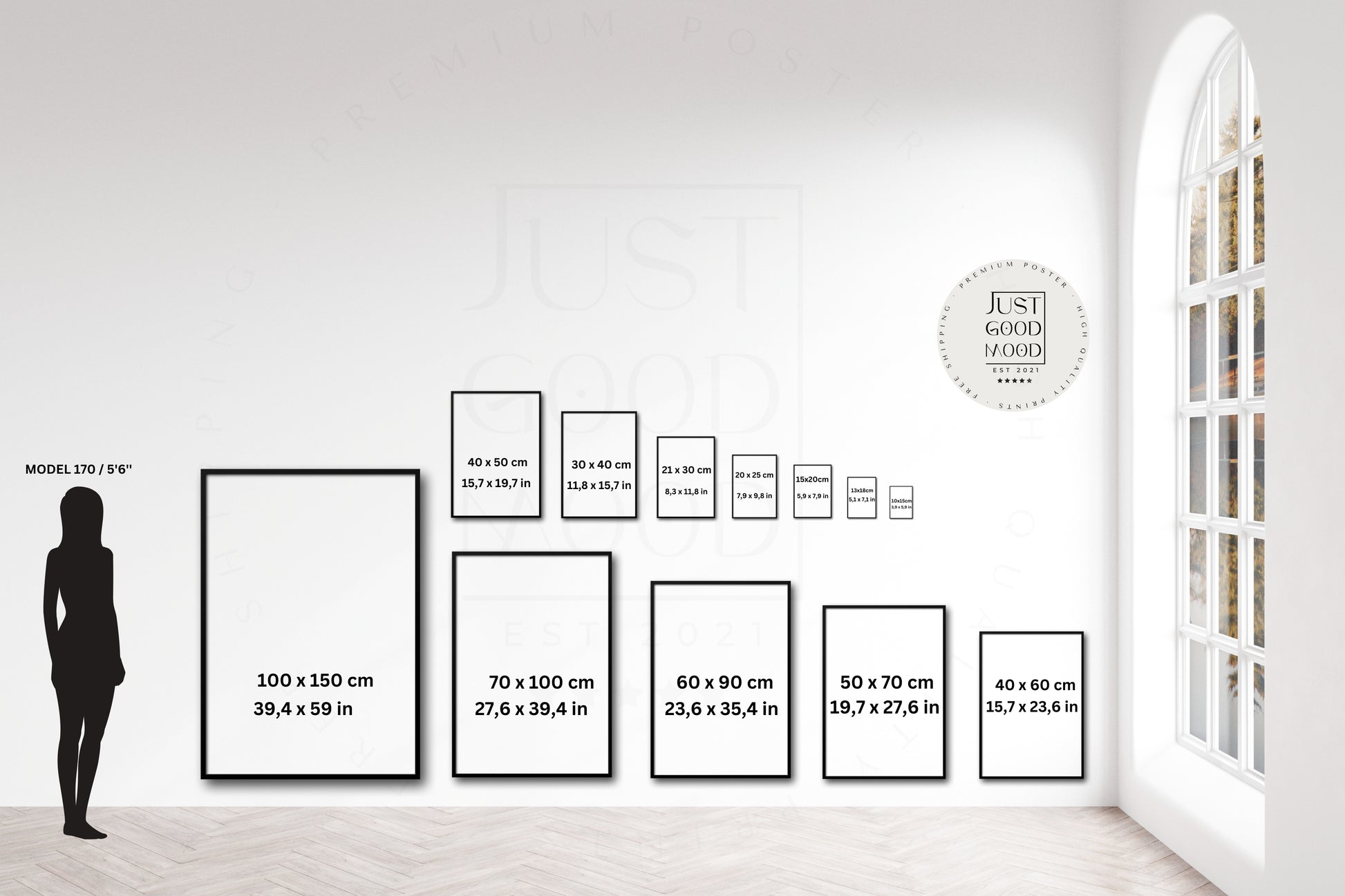 Verschiedene Größen von Postern präsentiert an einer Wand, ideal für individuelle Raumgestaltungen, angeboten von JUSTGOODMOOD.