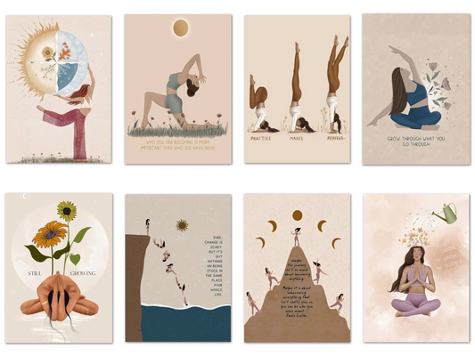 Acht künstlerische Drucke mit abstrakten Figuren in Yoga-Posen und inspirierenden Zitaten, gestaltet auf hochwertigem Baumwollstoff.