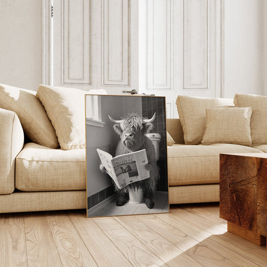 Gemütliches Wohnzimmer mit Lustiges Kuh WC Poster von JUSTGOODMOOD, wo eine Kuh auf der Toilette sitzt und Zeitung liest, sorgt für Lacher.