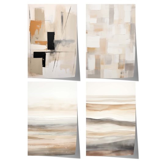 Abstraktes Poster mit geometrischen Formen, sanften Aquarellschichten und modernen Kompositionen in Beige, Creme, Grau und Naturtönen.