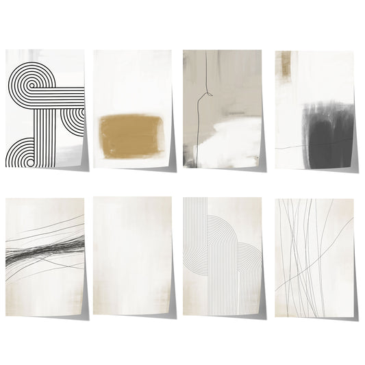 Abstrakte minimalistische Linienkunst mit feinen schwarzen Linien, geometrischen Bögen und neutralen Beige-, Grau- und Brauntönen.