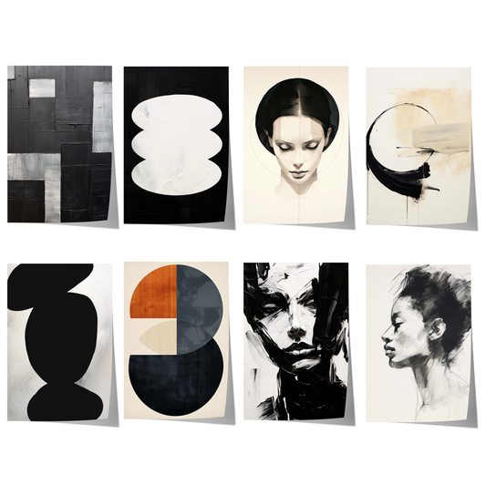 Moderne abstrakte Poster mit schwarz weißen Formen, minimalistischen Portraits und geometrischer Wandkunst im zeitgenössischen Stil.