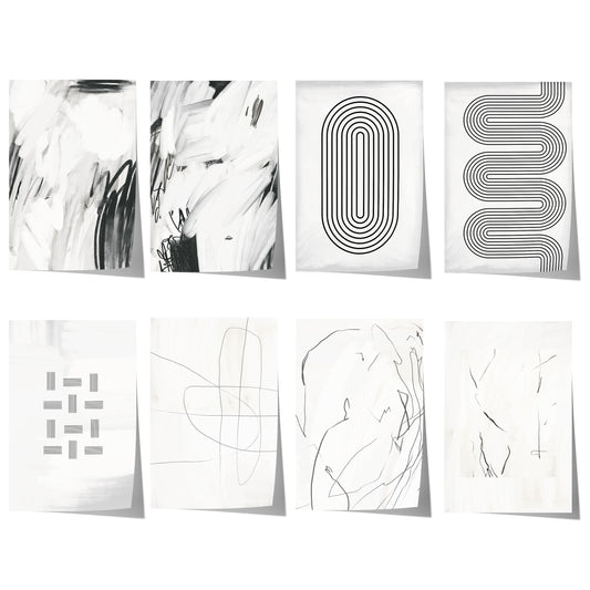 Abstrakte Schwarz-Weiß-Kunst mit minimalistischen Linien, geometrischen Formen und moderner Line Art auf hellem Hintergrund.