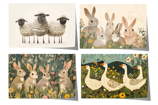 Vier nostalgische Tierposter mit Hasen, Schafen und Gänsen zwischen Wiesenblumen im handgemalten Landhausstil.