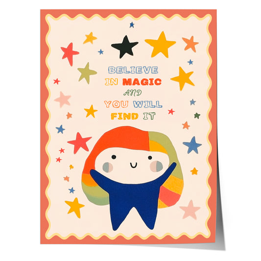 Poster Magie Kinderzimmer · Bunte Sterne & Spruch · Believe in Magic · Liebevoll & Farbenfroh · Geschenk für kleine Träumer · Ohne Rahmen