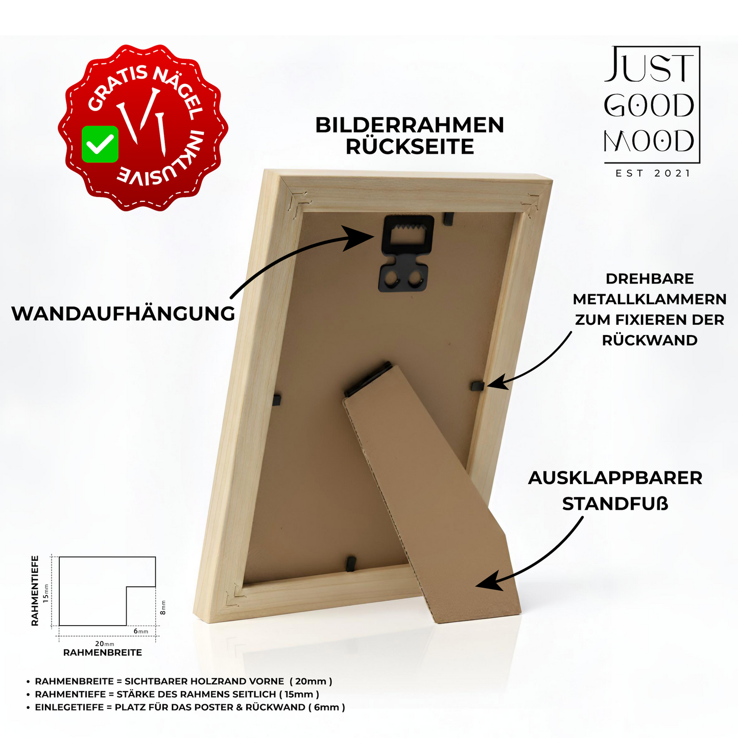 Bilderrahmen aus stabilem MDF-Holz mit Acrylglas – Weiß Schwarz Ahorn Eiche · mit gratis Nägeln