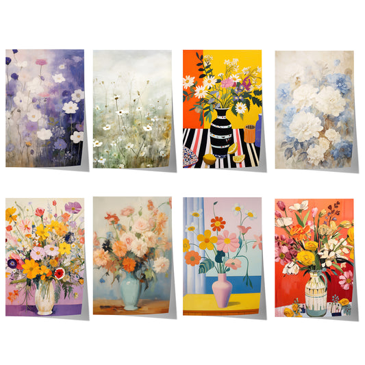 Blumenposter mit farbenfrohen Blüten, floralen Illustrationen, Blumenvasen und romantischen Gartenmotiven in lebendigen Farben.