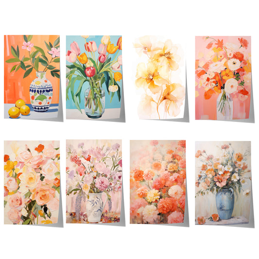 Blumenposter mit korallenrosa Blüten, Rosen, Tulpen und floralen Stillleben in leuchtenden Farben und sanfter Aquarelloptik.