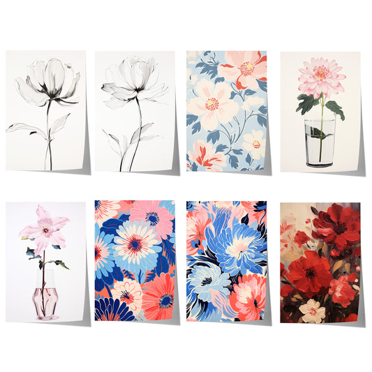 Blumenposter mit modernen Blütenillustrationen, floralen Mustern, zarten Einzelblüten und ausdrucksstarken Blumenmotiven in Rosa, Blau und Rot.