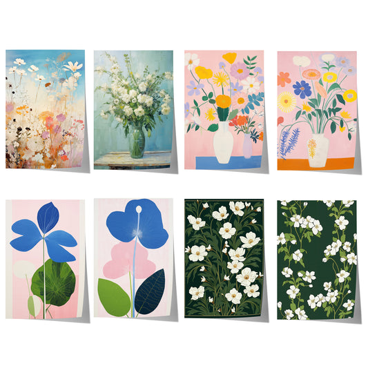 Blumenposter mit modernen botanischen Illustrationen, farbenfrohen Blüten, floralen Mustern und dekorativen Blumenvasen in lebendigen Farben.
