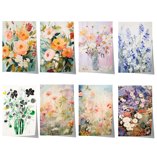 Blumenposter mit romantischen Wildblumen, Pastellblüten, floralen Arrangements und zarten Blütenfeldern in sanften Aquarellfarben.