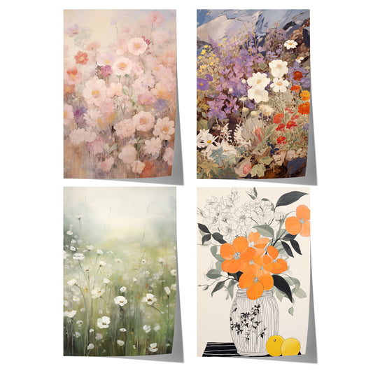Blumenposter mit zarten Wildblumen, romantischen Blütenwiesen, floralen Arrangements und dekorativen Blumenvasen in sanften Pastellfarben.