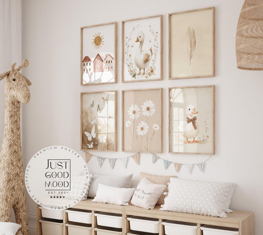 Boho Babyzimmer Poster · Niedliche Ente , Schmetterlinge, Gänseblümchen, Häuser & Sonne Scandi Kinderzimmer Deko · Deko Print ohne Rahmen - justgoodmood