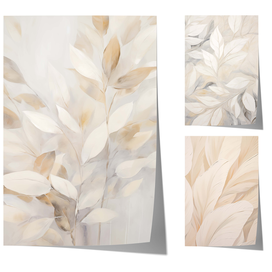 Botanikposter mit zarten Blättern und filigranen Pflanzenmotiven in Beige, Creme und sanften Naturtönen auf hellem Hintergrund.