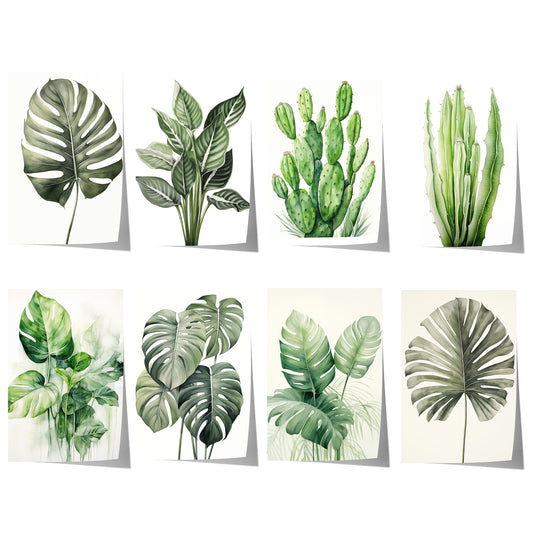 Botanisches Poster-Set mit Monstera-Blättern, Kakteen und tropischen Zimmerpflanzen in sanften Aquarellfarben für moderne Wohnräume.