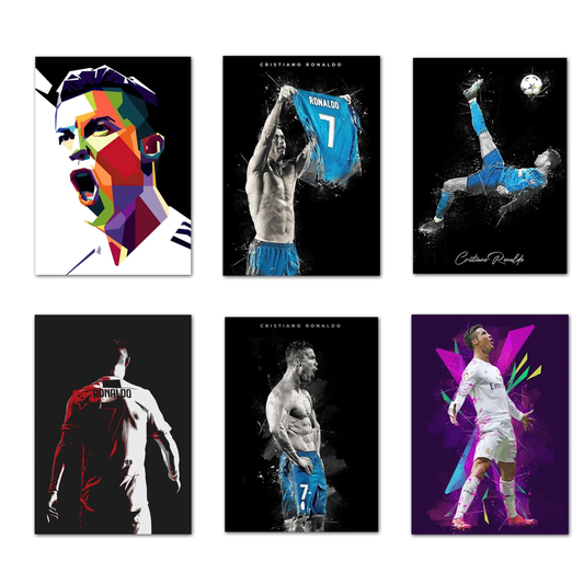 Sechs moderne Kunstdrucke von Cristiano Ronaldo in dynamischen Fußballposen, hochwertige Premium-Poster auf Baumwollcanvas mit lebendigen Farben.