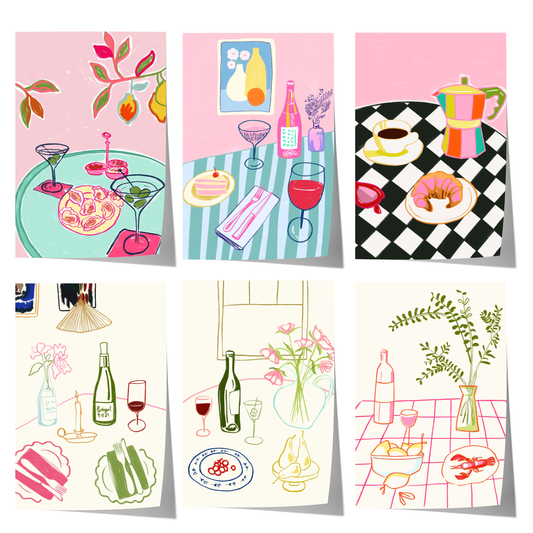 colorful dining and food illustration poster set for modern kitchen decor