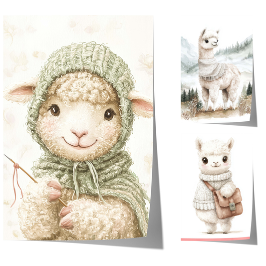 cute watercolor alpaca and sheep poster set for nursery wall decor