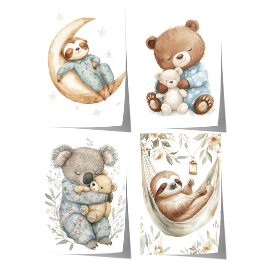 cute watercolor nursery animal poster with sloth bear and koala illustrations