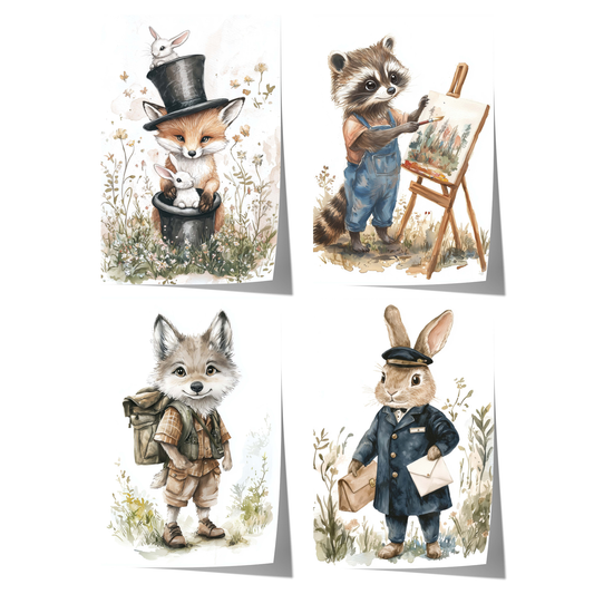 cute woodland animal poster with fox raccoon wolf and bunny watercolor illustrations