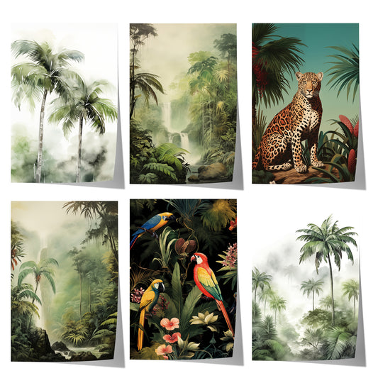 Tropisches Poster-Set mit Palmen, Regenwald, Wasserfällen, Papageien und Leopard im botanischen Vintage-Stil für moderne Wohnräume.