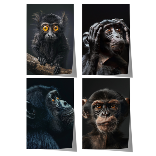 Vier dunkle Tierposter mit einem schwarzen Affen, zwei Schimpansen und einem Gorilla in ausdrucksstarken, fotorealistischen Porträts.