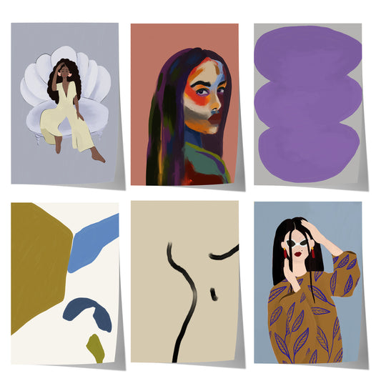 Moderne feminine Kunst mit Frauenporträts, abstrakten Formen, minimalistischer Linienkunst und stilvollen Farbakzenten.