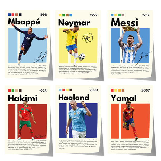 retro fußball poster mit mbappe neymar messi hakimi haaland und yamal