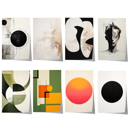 Moderne abstrakte Poster mit geometrischen Formen, minimalistischen Kompositionen, Schwarz-Beige-Farben und zeitgenössischer Wandkunst.