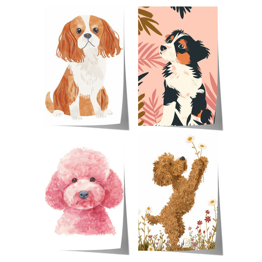 Niedliche Hunde Poster mit Cavalier, schwarz-weißem Welpen, rosa Pudel und braunem Hund mit Blumen im verspielten Illustrationsstil.