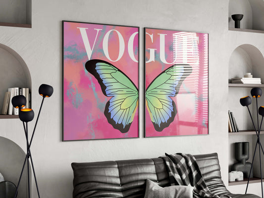 2er Set Vogue Schmetterling Poster · 2er Set Wandbilder · Ästhetische Butterfly Illustration · Fashion Poster Stil · Moderne Wandkunst · Print ohne Rahmen