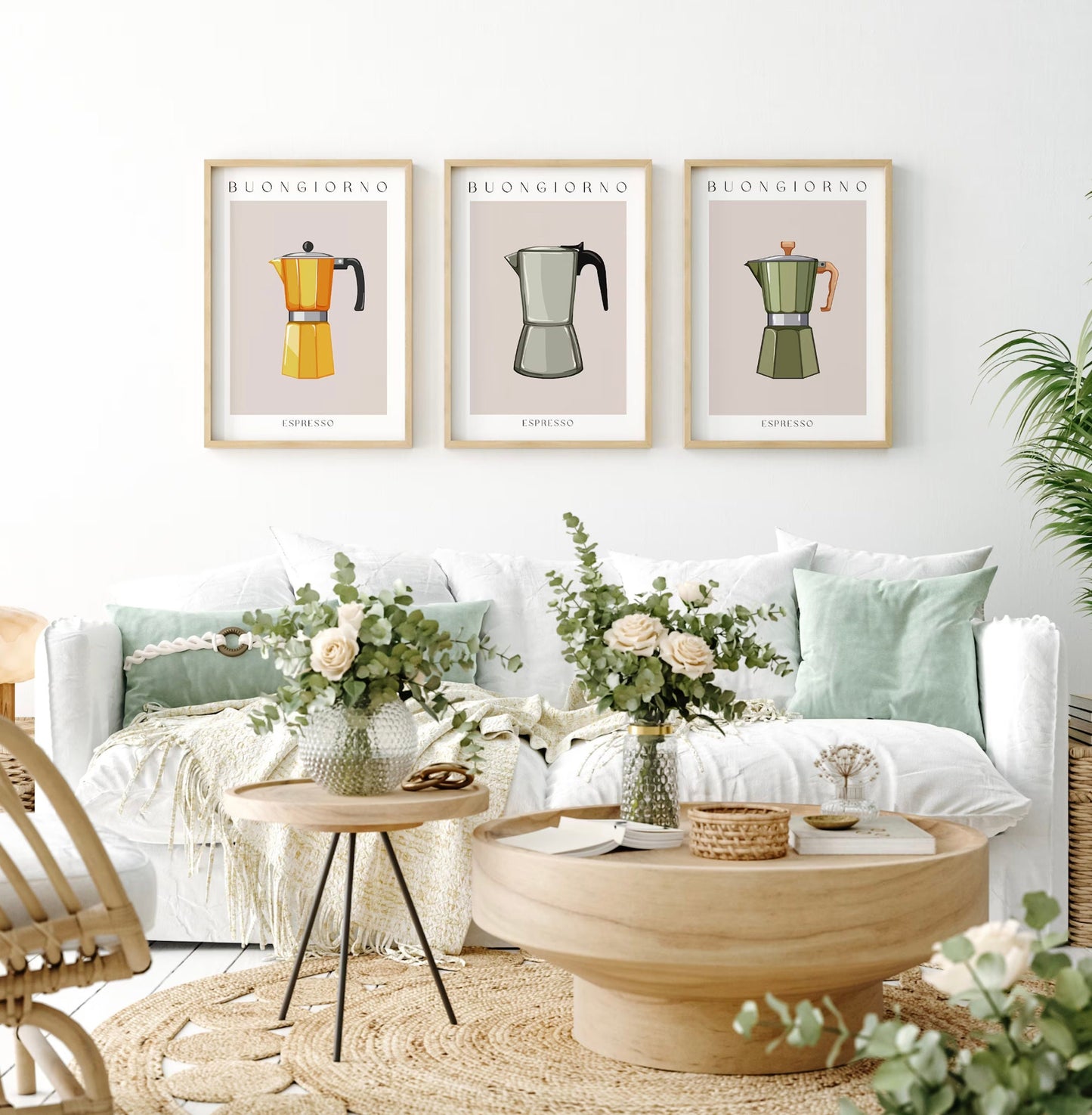 Moderne Wohnlandschaft mit Moka Espresso Postern von JUSTGOODMOOD, die einen charmanten Akzent setzen und Kaffeegenuss zelebrieren.