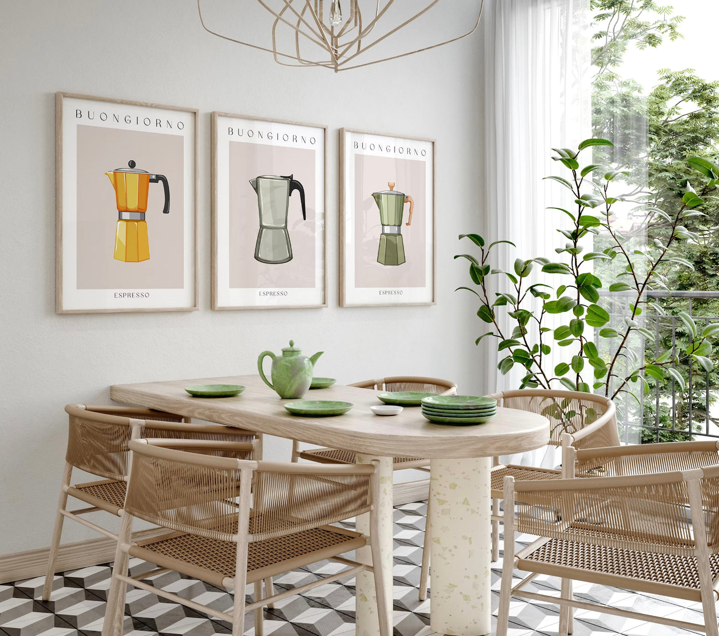 Gemütliche Küche mit drei Moka Espresso Postern von JUSTGOODMOOD, ideal für Kaffeeliebhaber und perfekte Wandkunst für jede Küche.