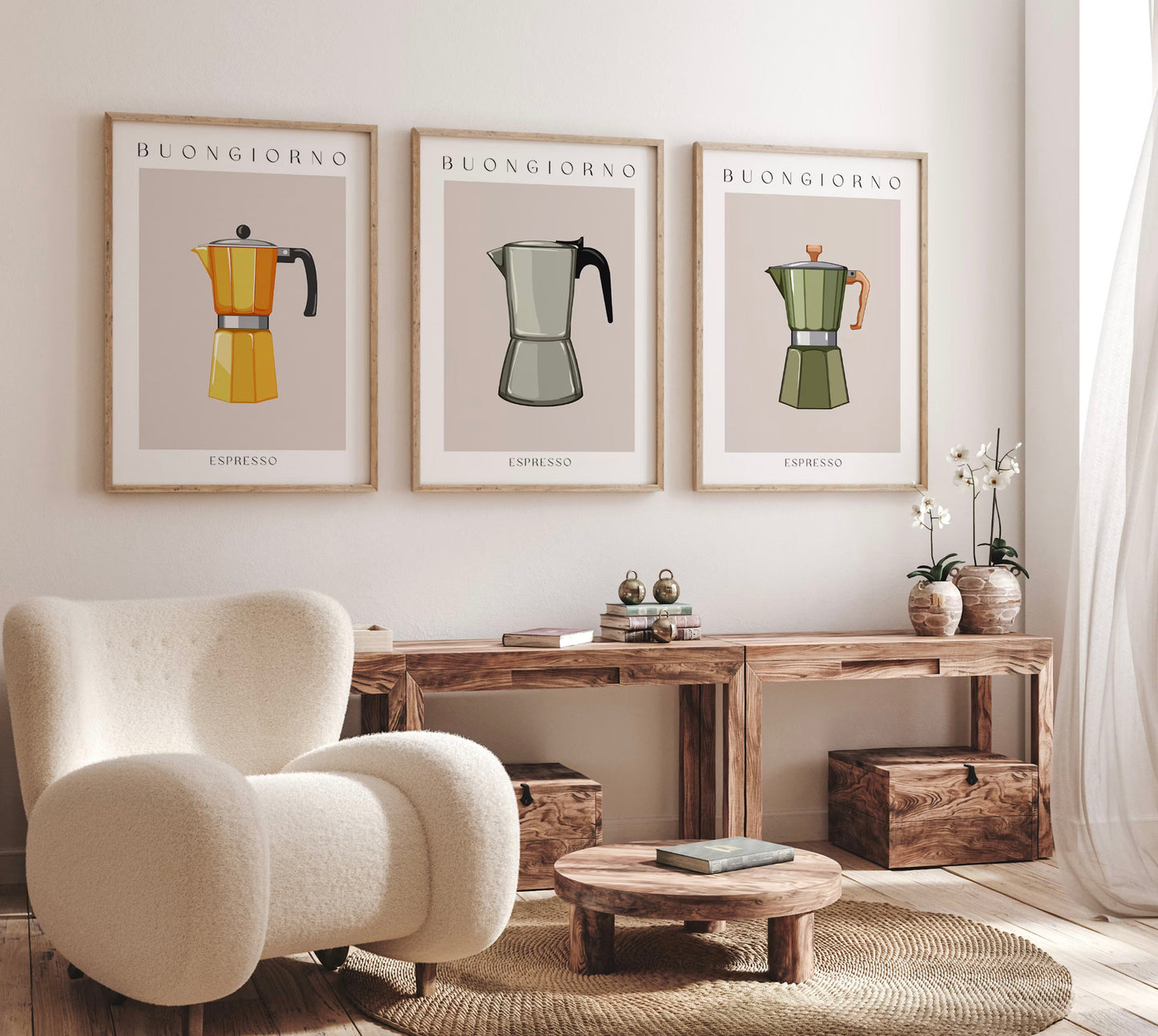 Stylisches Wohnzimmer mit Moka Espresso Postern von JUSTGOODMOOD, die eine einladende Atmosphäre für Kaffeefreunde schaffen.