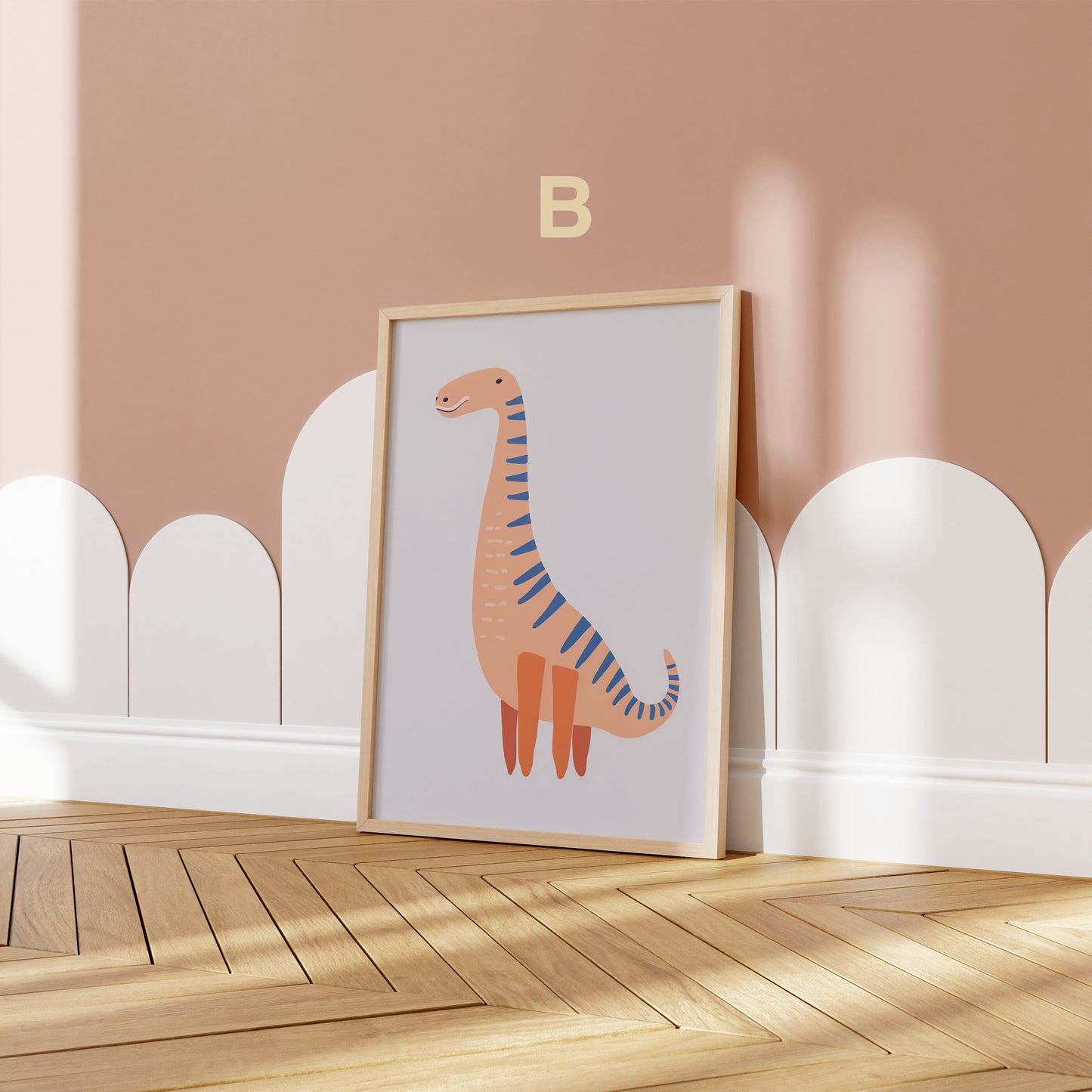 Stylisches Dino-Poster von JUSTGOODMOOD, mit einem spielerischen, langhalsigen Dino-Design, perfekt für Kinderzimmer und als Geschenkidee.
