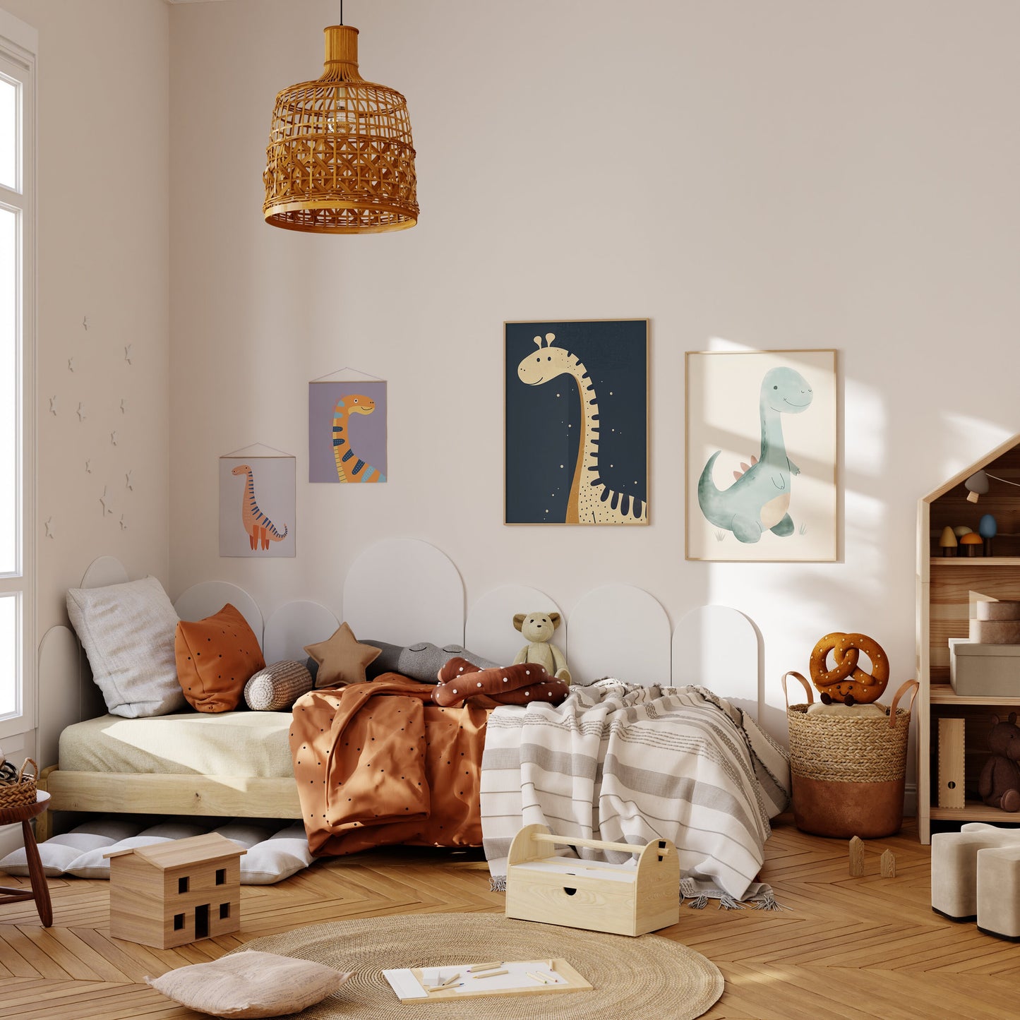 Gemütliches Kinderzimmer mit Dino Poster von JUSTGOODMOOD an der Wand, das Abenteuer und Freude in jeden Raum bringt.