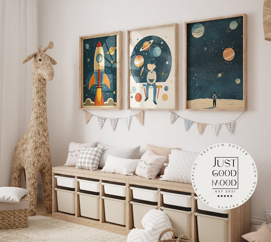 Astronaut Poster Kinderzimmer · Geschenkidee für Kinder · Kinderzimmer Deko  · Weltraum Rakete & Planeten · Deko Print ohne Rahmen