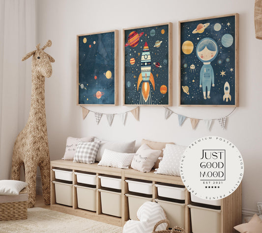 Astronaut Poster Kinderzimmer · Geschenkidee für Kinder · Kinderzimmer Deko  · Weltraum Rakete & Planeten · Deko Print ohne Rahmen