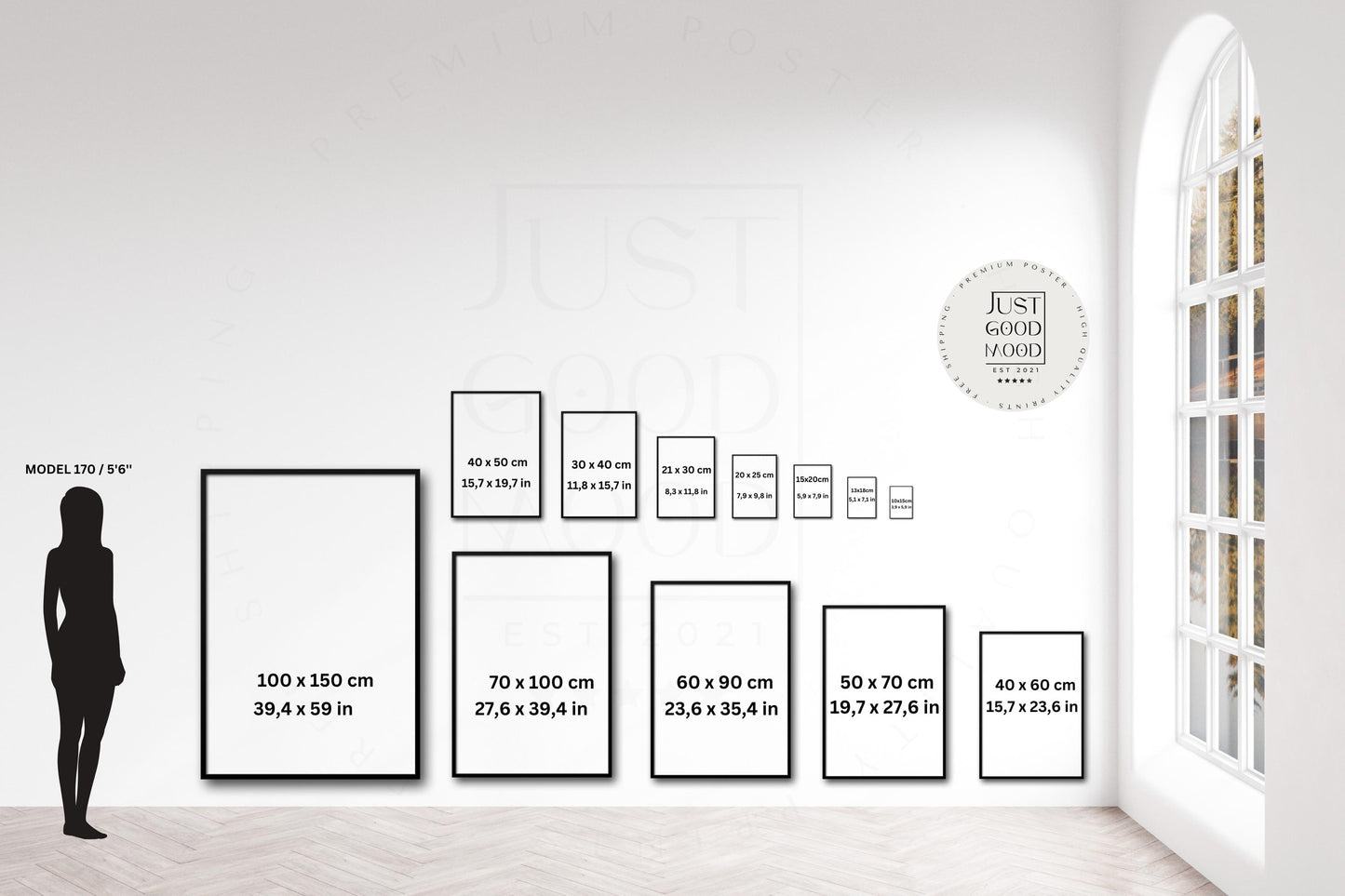 Größenvergleich von Postern von JUSTGOODMOOD, ideal für verschiedene Wanddekorationsbedürfnisse, inspirierend und hilfreich für die Inneneinrichtung.