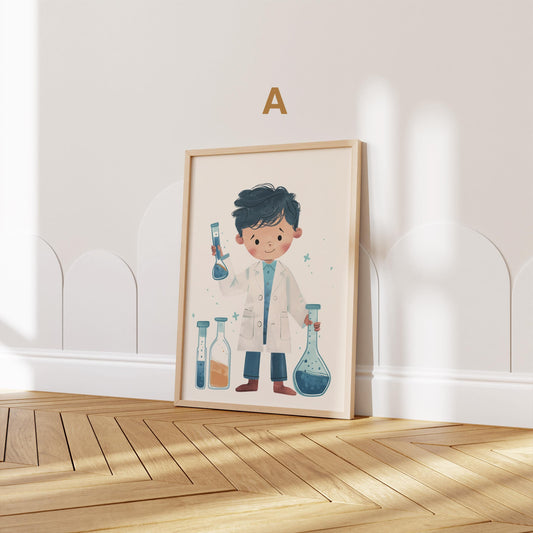 Fabelhaftes Aquarell-Poster von JUSTGOODMOOD mit einem jungen Wissenschaftler in einem Laborkittel, der stolz mit Chemikalien posiert. Ideal für Kinderzimmer-Dekoration.