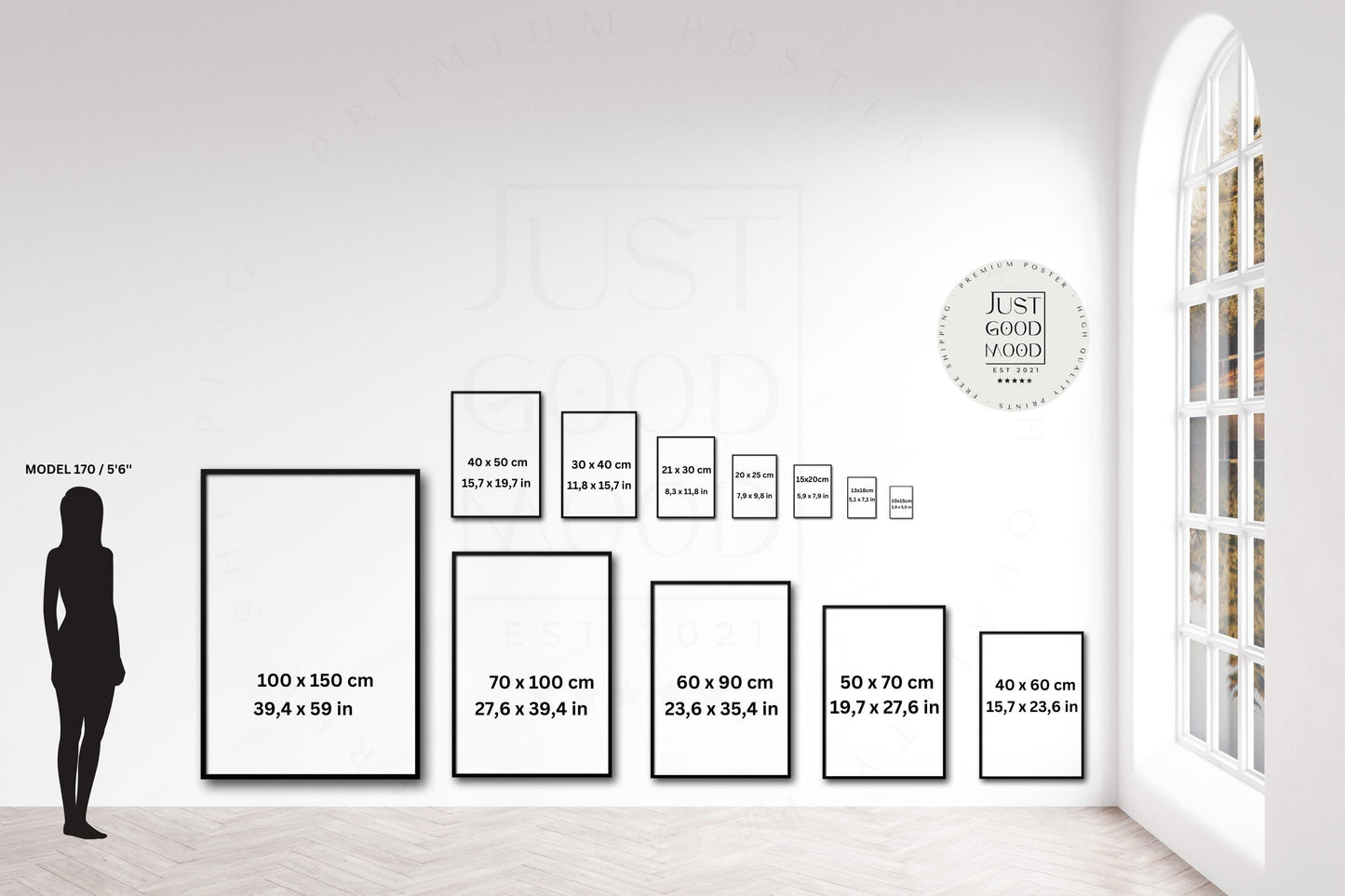 Süße Hasen Poster Kinderzimmer von JUSTGOODMOOD, gezeigt mit einer stilvollen Übersicht über verschiedene Posterformate an einer hellen Wand, perfekt zur Auswahl für jede Einrichtung.